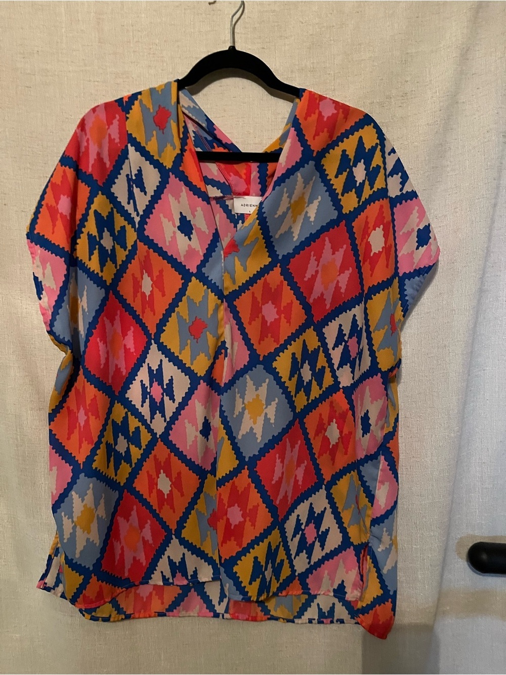 Adrienne Colorful Geometric Print Short Sleeve Blouse Size L